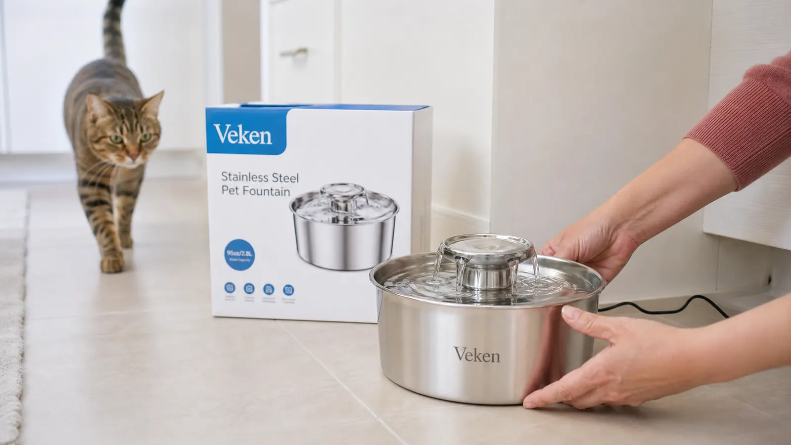Veken stainless steel pet fountain with water flowing over the top tier