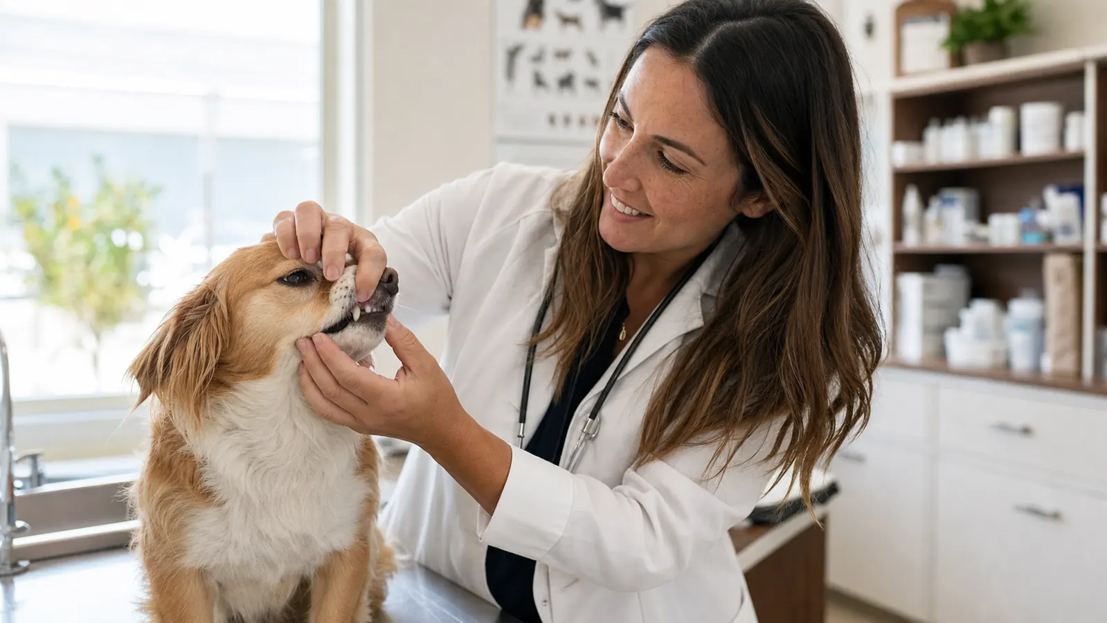 Dog at a veterinary dental exam with vet checking teeth