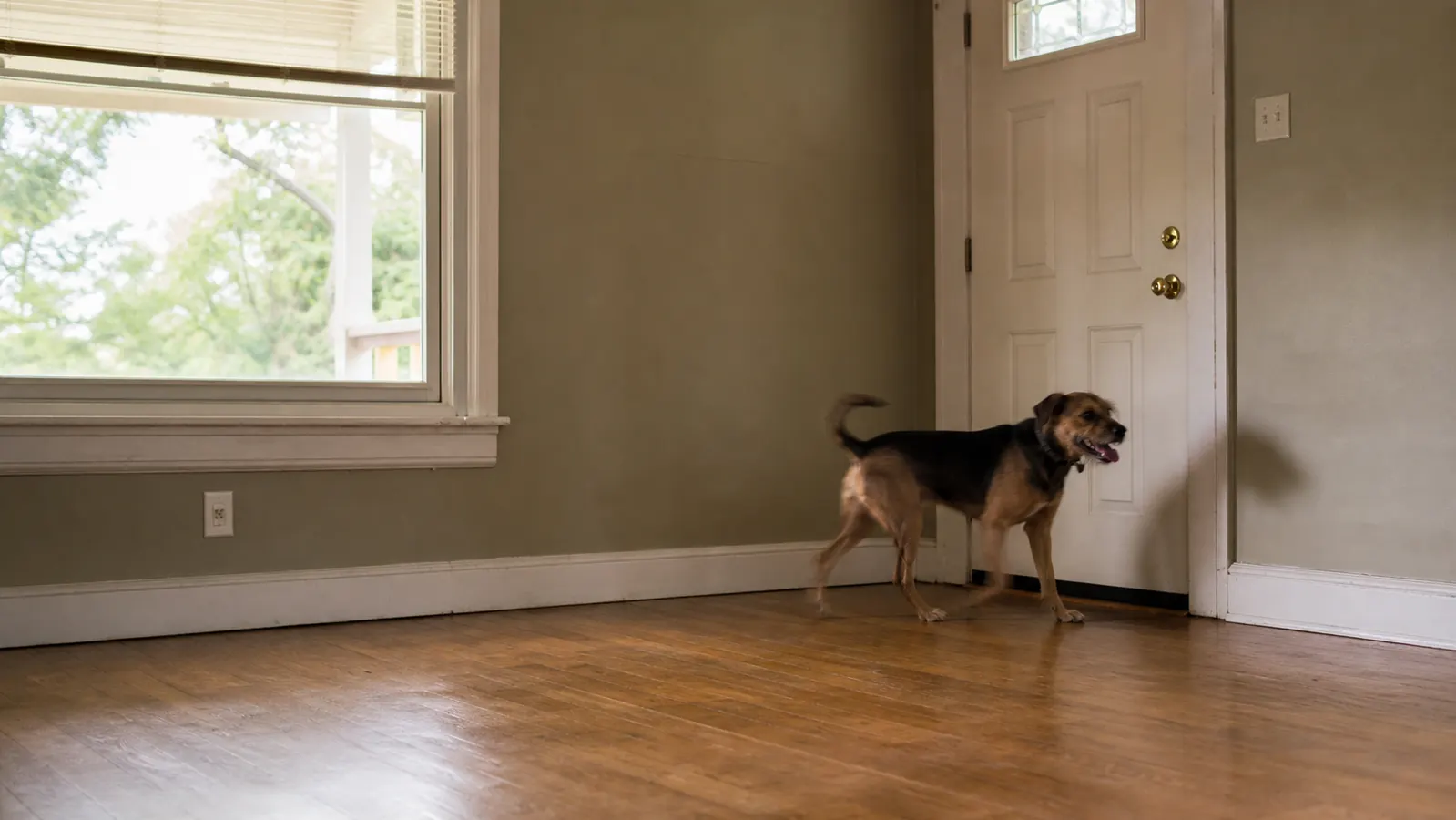 Dog pacing and panting near a front door while owner is away