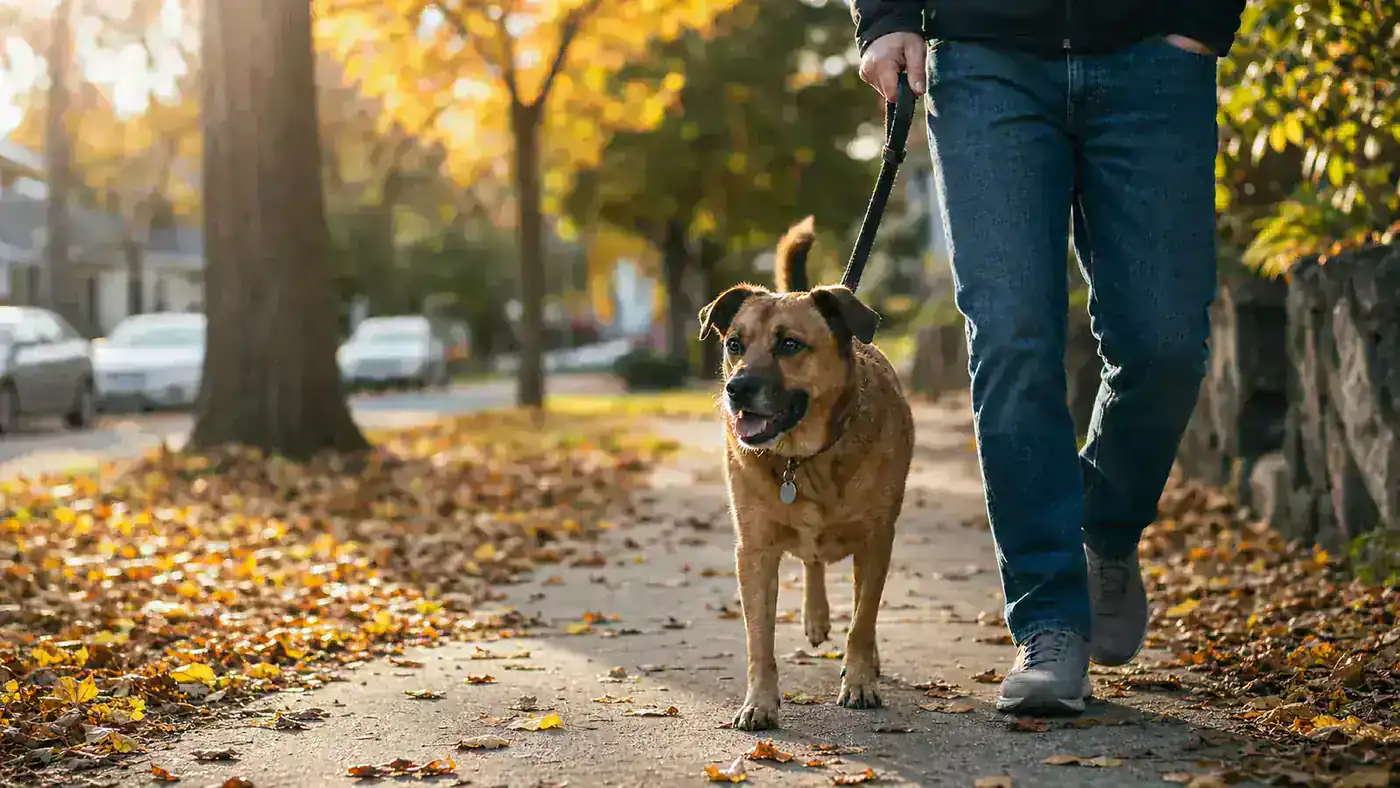 Brown mixed breed dog walking comfortably on a neighborhood sidewalk in autumn, owner beside it
