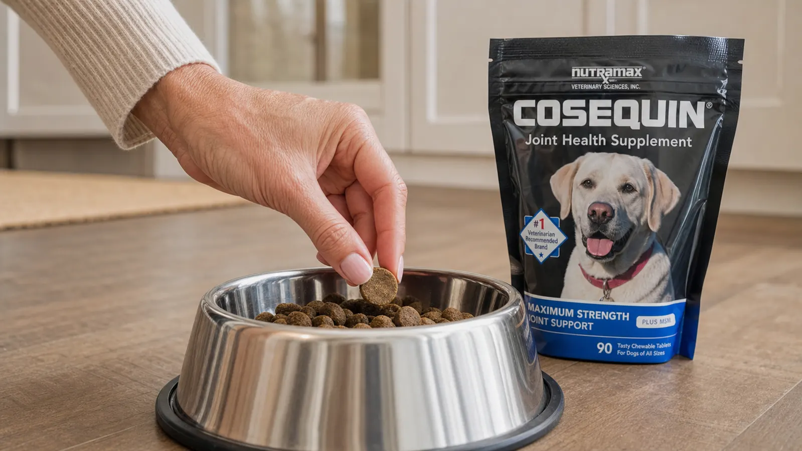 Hand sprinkling a Cosequin chew supplement onto dry dog food in a stainless steel bowl