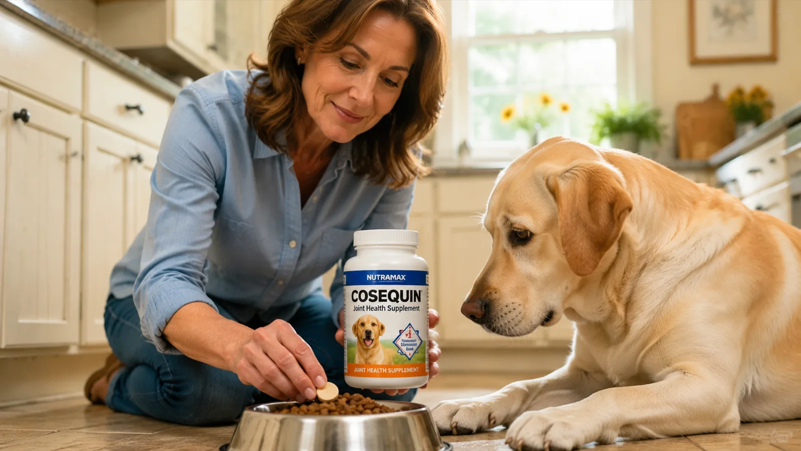 Hand sprinkling a Cosequin chewable tablet onto kibble in a stainless steel dog bowl