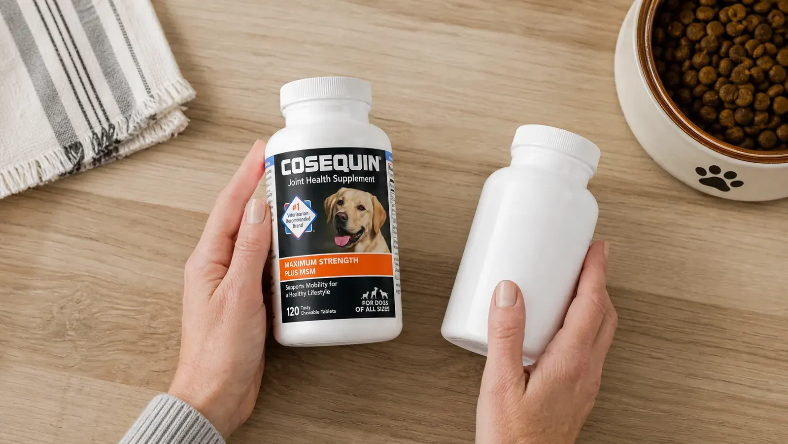 Two supplement bottles side by side on a kitchen counter next to a dog bowl, photographed from above