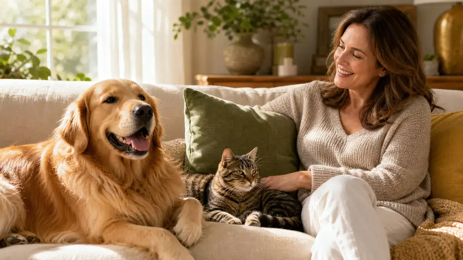 A dog owner sitting on the floor with a happy senior dog, warm afternoon light, lived-in living room