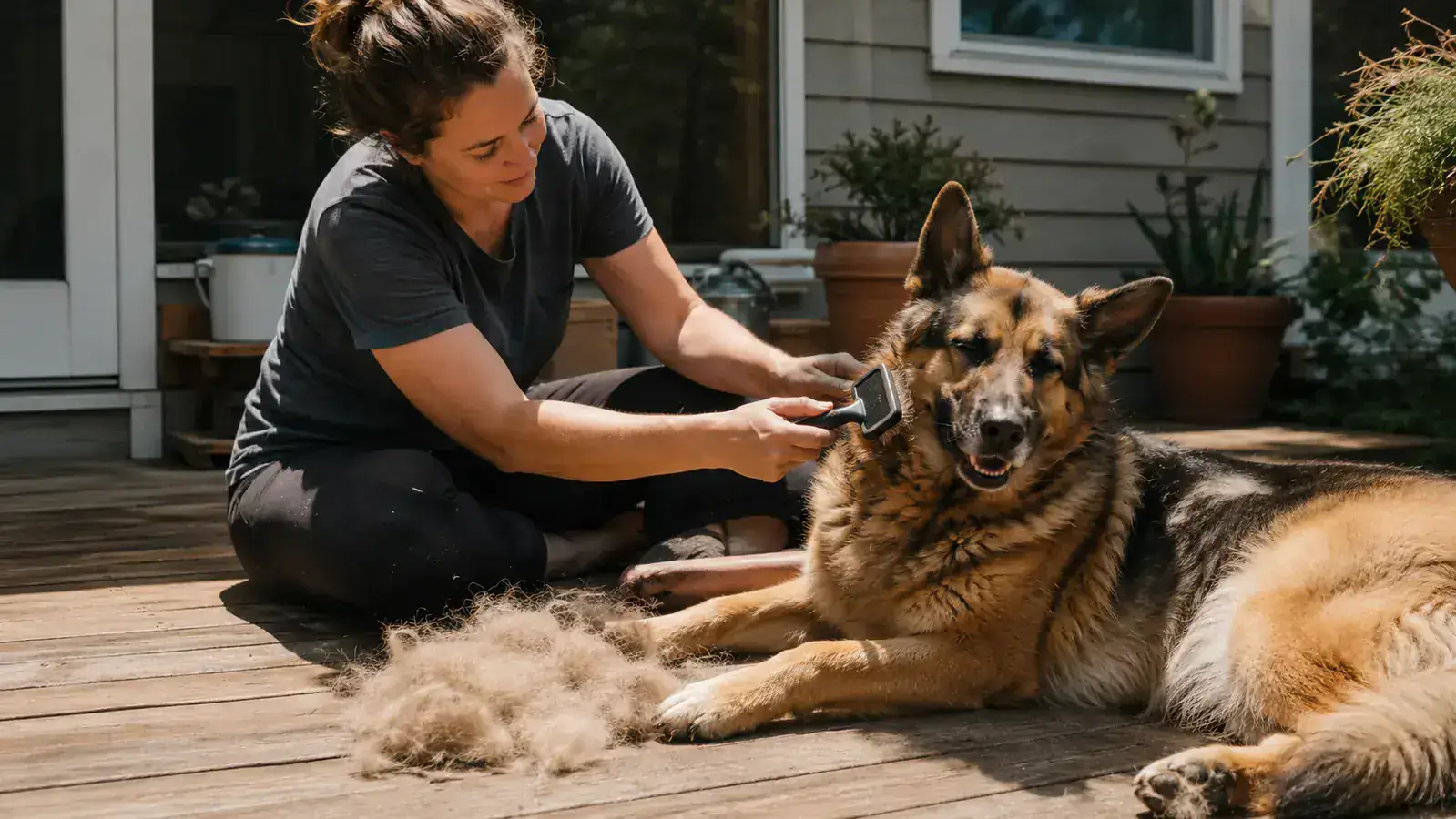 Woman brushing a relaxed German Shepherd outdoors on a sunny back porch