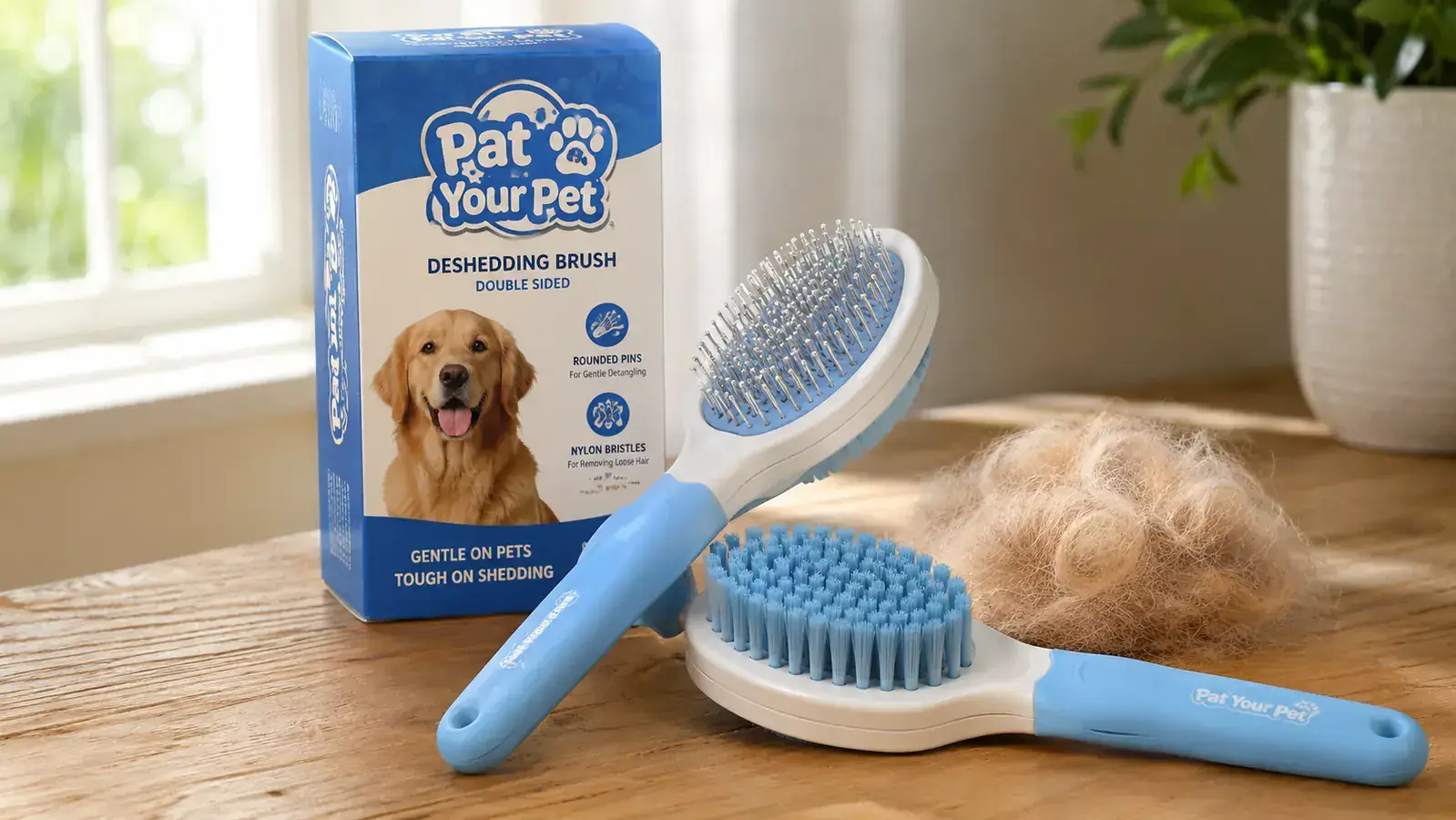 Pat Your Pet double-sided deshedding brush resting on a wooden table next to a pile of shed dog fur, bristle side and pin side both visible