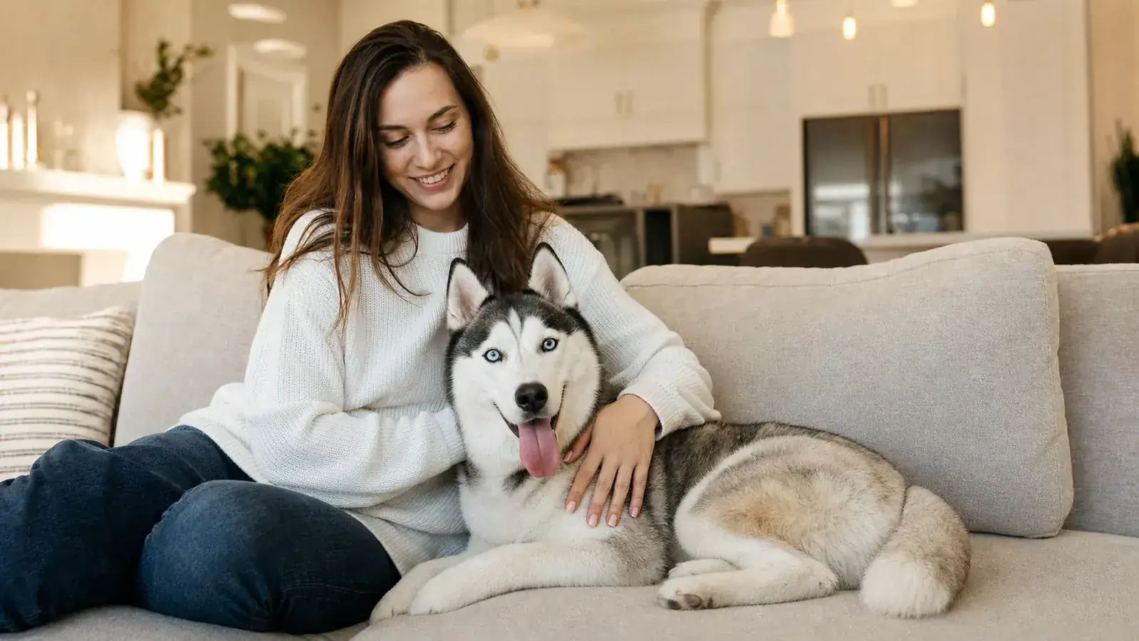 Happy Husky and owner relaxing together on a couch with noticeably less fur visible on the cushions