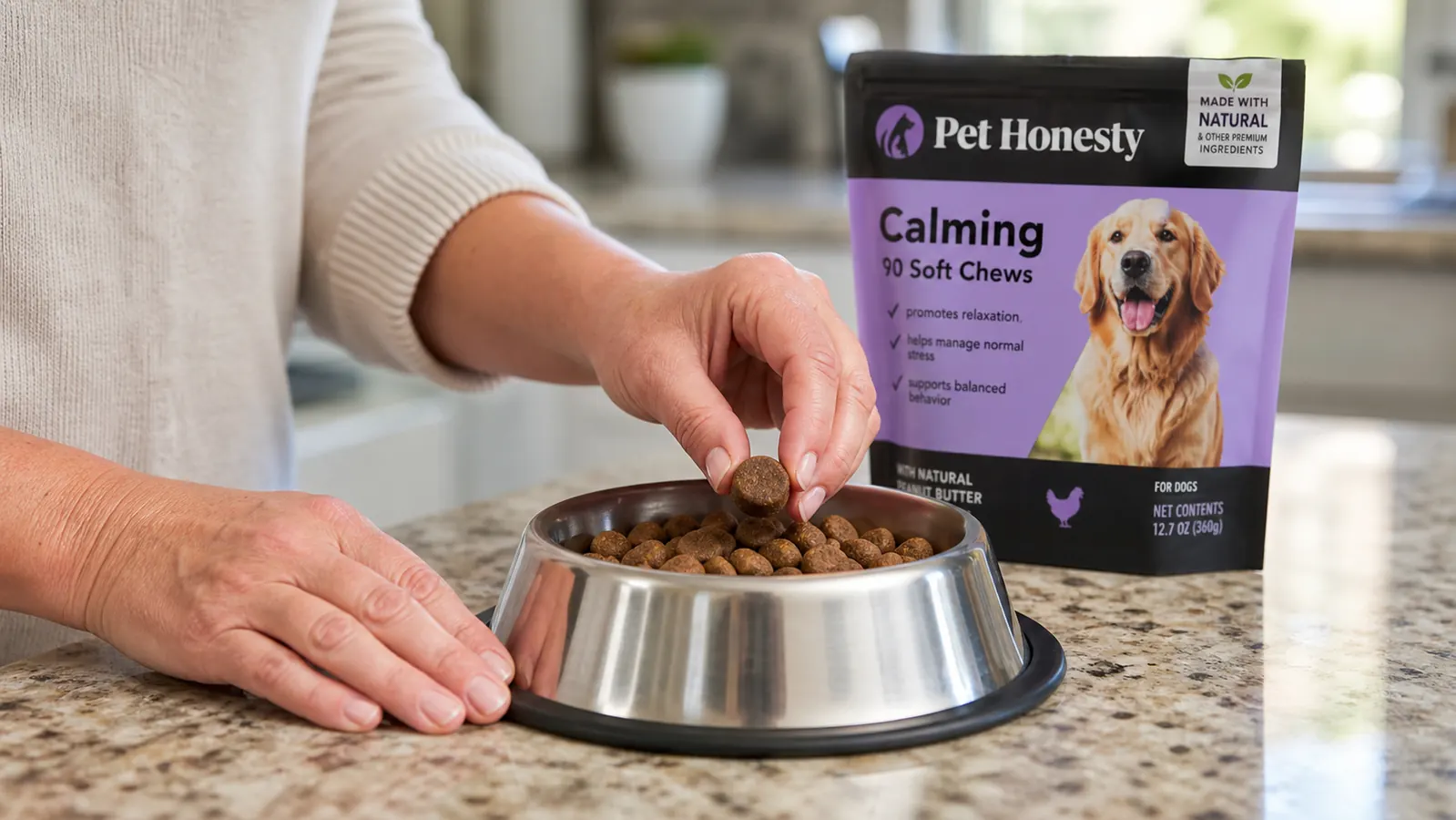 A hand placing a round soft dog chew on top of kibble in a stainless steel bowl, with a Pet Honesty bag visible in the background on a kitchen counter