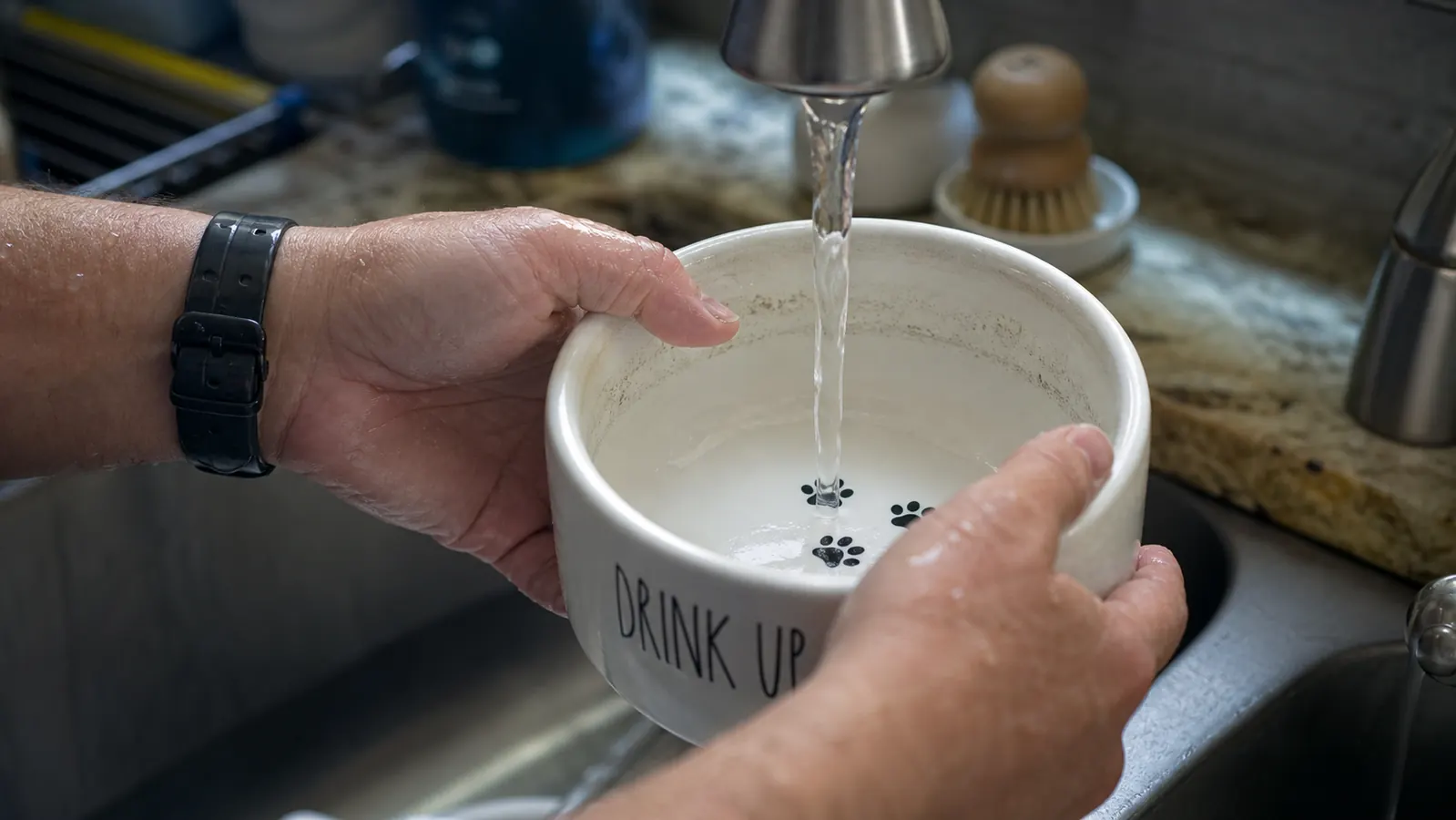 Person rinsing a ceramic water bowl under the tap with visible mineral deposits on the rim
